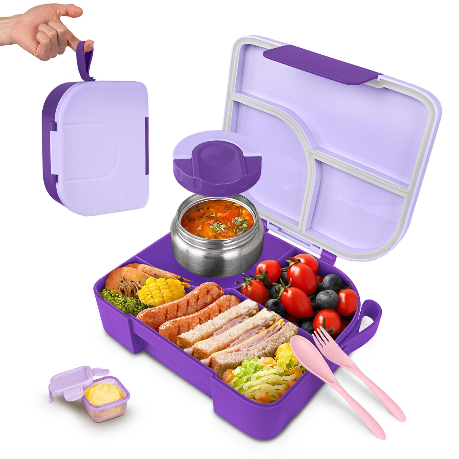 Lunch Box with Thermo Jar, Large-Capacity 3-Compartment Bento Box, Purple