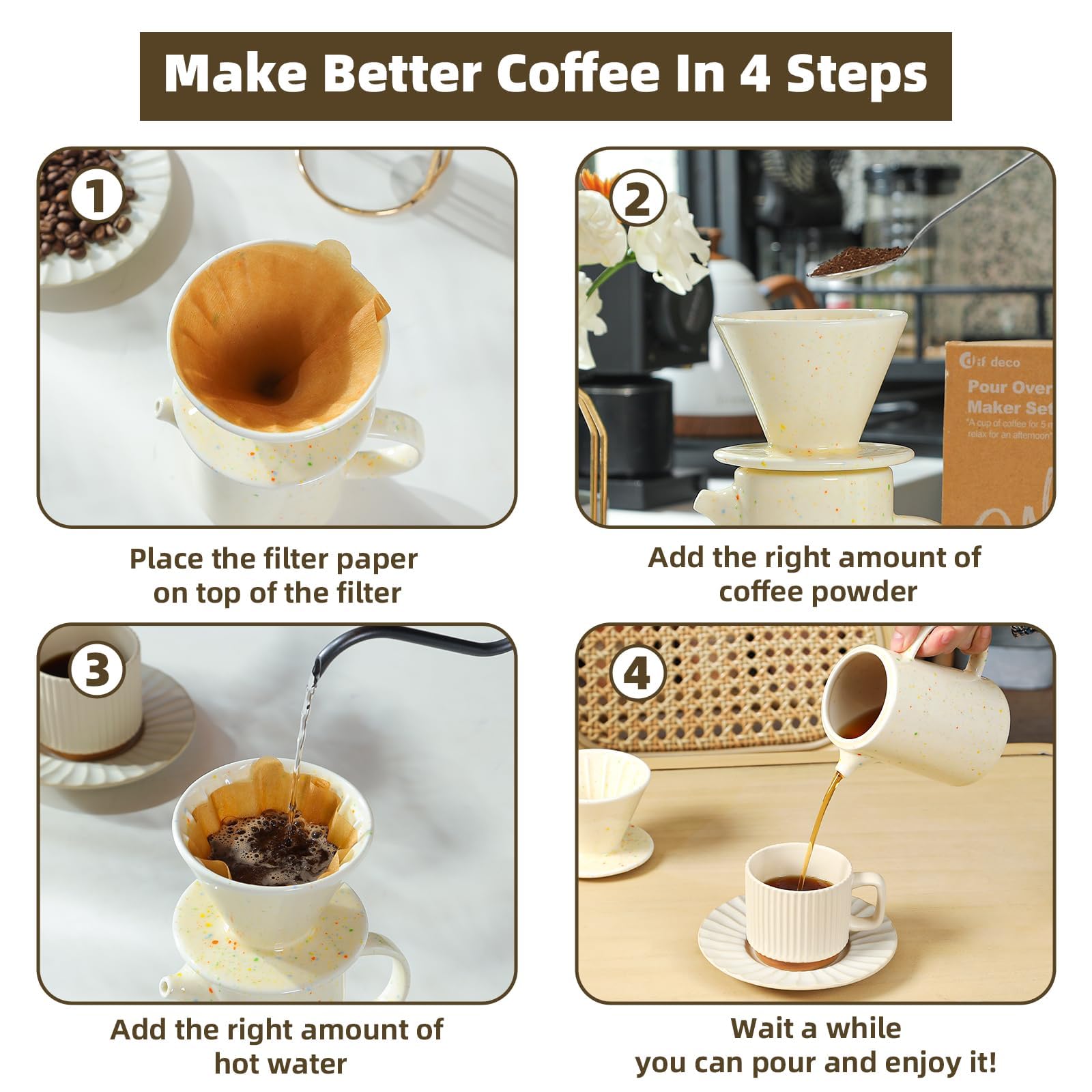DIF DECO Pour Over Coffee Maker Set,Ceramic Pour Over Coffee Dripper Set with 20 Count Paper Coffee Filters,for Home Café Restaurant Camping,15.8 Ounces(Multi-Color Dot)