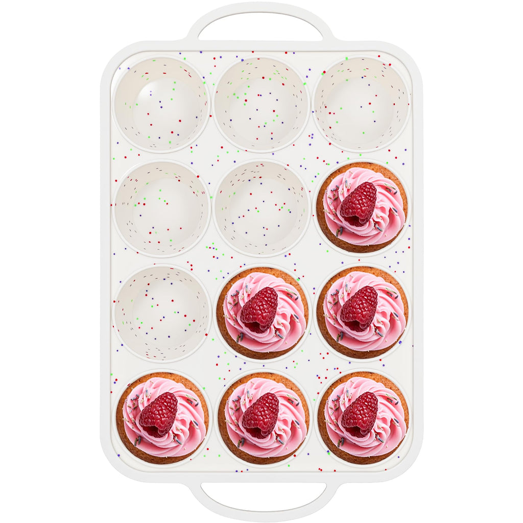 AOTASO Silicone Muffin Pan with Metal Frame, Nonstick 12 Cup Regular Size Cupcake Pan, Silicone Muffin Tray for Baking Egg Bites Muffins Cupcakes Gifts for Mom Home Baker Kitchen (1 Pc, Cream)