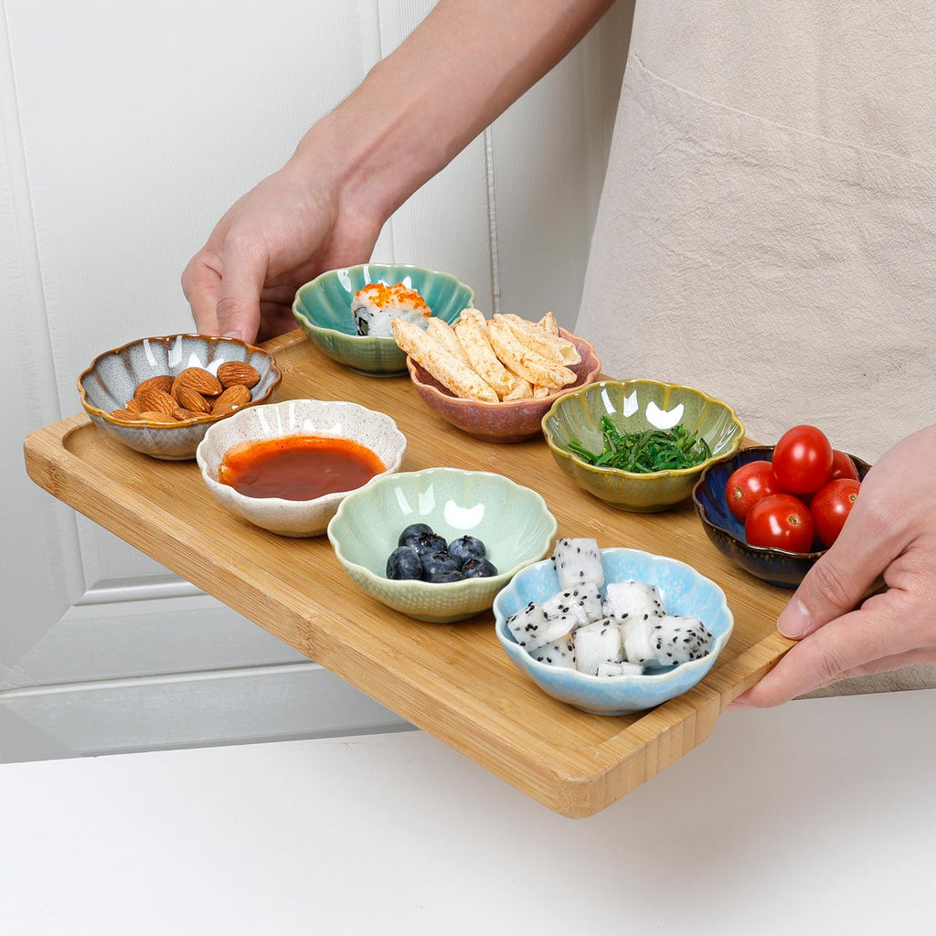 ZEBERBO Dipping Bowls Set of 8, Ceramic Soy Sauce Dishes, 3 oz Dipping Sauce Cups, chrysanthemum Round Small Side Dish Dishes for Dipping Sushi Tomato Soy Sauce Dish Condiment Finger Bowls