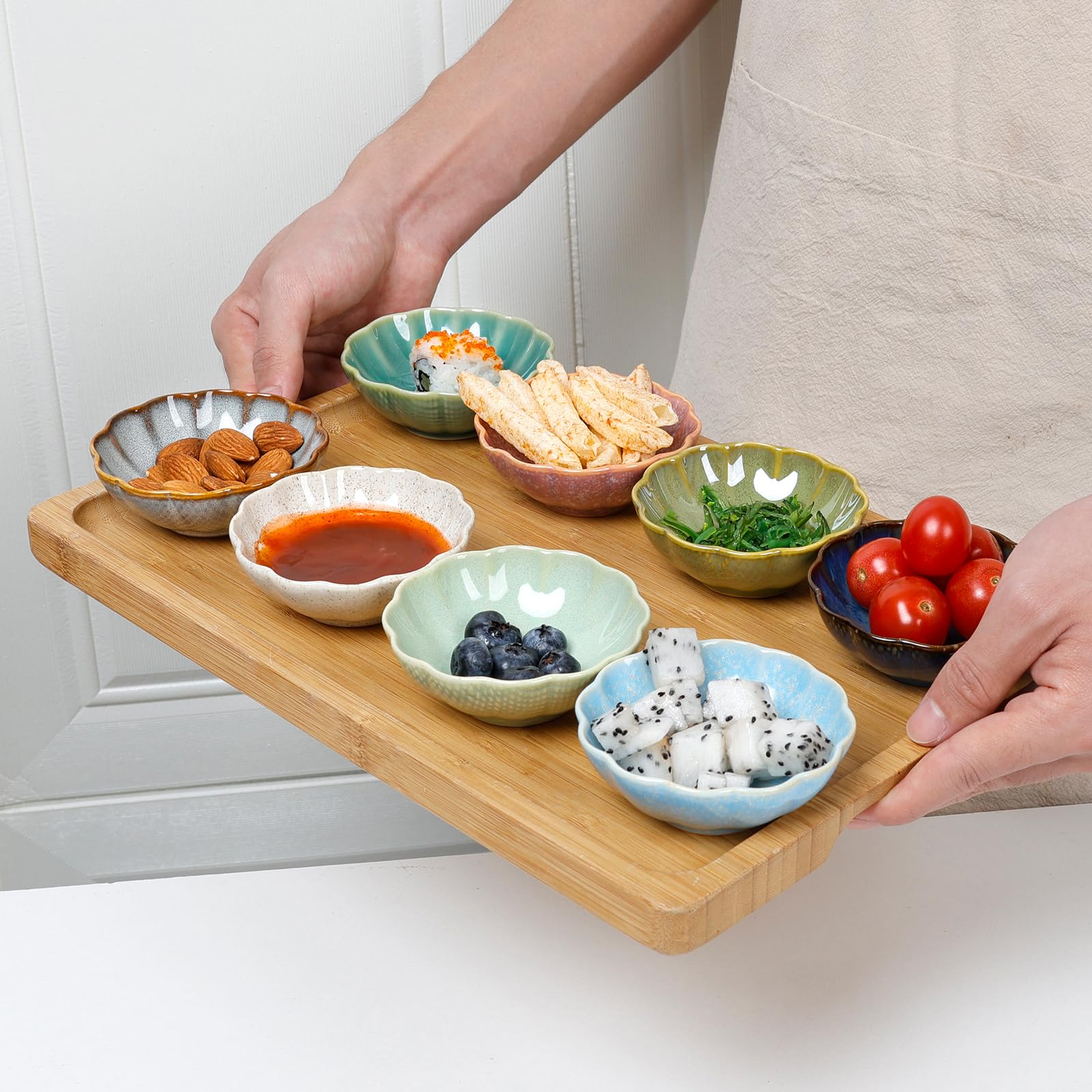 ZEBERBO Dipping Bowls Set of 8, Ceramic Soy Sauce Dishes, 3 oz Dipping Sauce Cups, chrysanthemum Round Small Side Dish Dishes for Dipping Sushi Tomato Soy Sauce Dish Condiment Finger Bowls