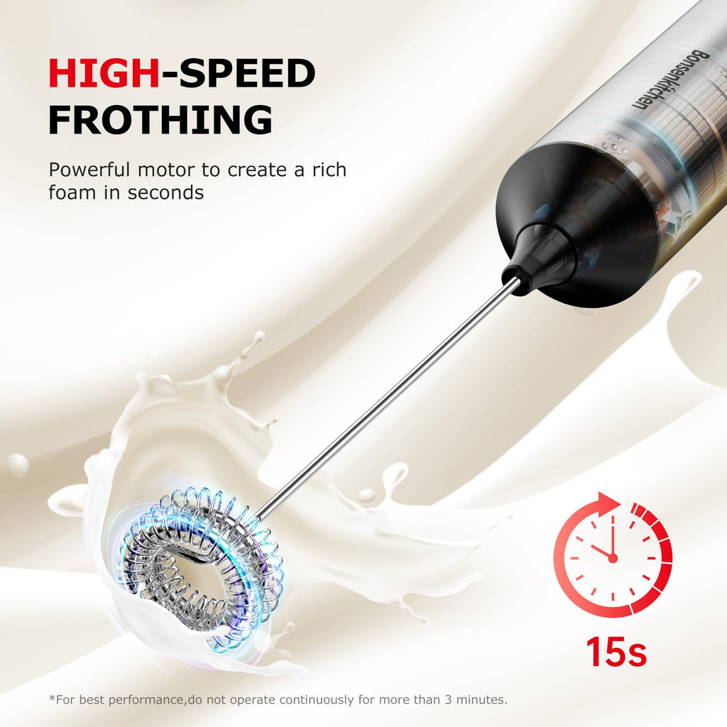 Bonsenkitchen Rechargeable Milk Frother with Stand, 3-Speed Handheld Coffee