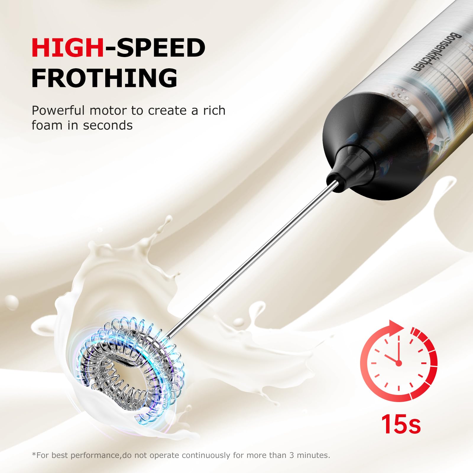 Bonsenkitchen Rechargeable Milk Frother with Stand, 3-Speed Handheld Coffee