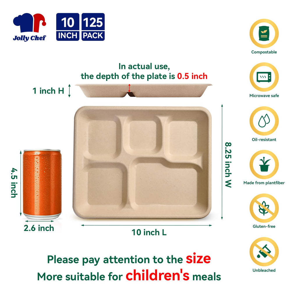 Compostable 5 Compartment 10*8.25*1 Inch 125 Pack Heavy Duty Paper Plates
