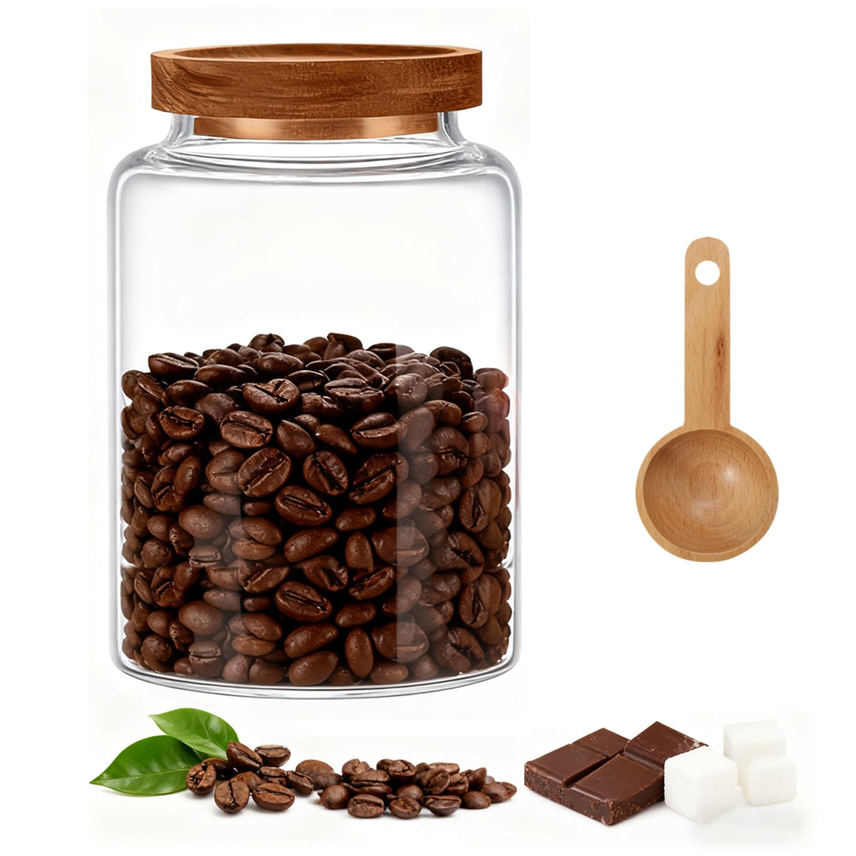 Foyofly Glass Coffee Storage Jar with Lids Spoon Kitchen Borosilicate Glass Food Canister Containers for Sugar Ground Flours Coffee Beans Nut Pasta Spice Rice Loose Tea