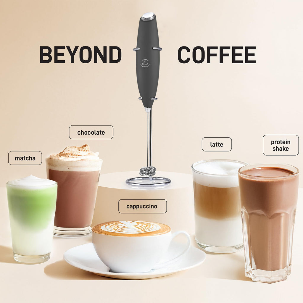 Zulay Kitchen Powerful Milk Frother Wand With Duracell Batteries - Ultra Fast Handheld Drink Mixer - Electric Whisk Foam Maker for Coffee, Lattes, Cappuccino & Matcha - Double Whisk - Charcoal