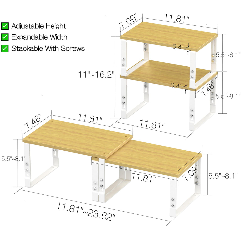 Adjustable Storage Shelves for Kitchen Cabinet Organization - Set of 2 Stackable Metal & Solid Wood Racks, Space-Saving Design for Countertop/Pantry/Garage, Easy Assembly(1 Pack/Medium/White)