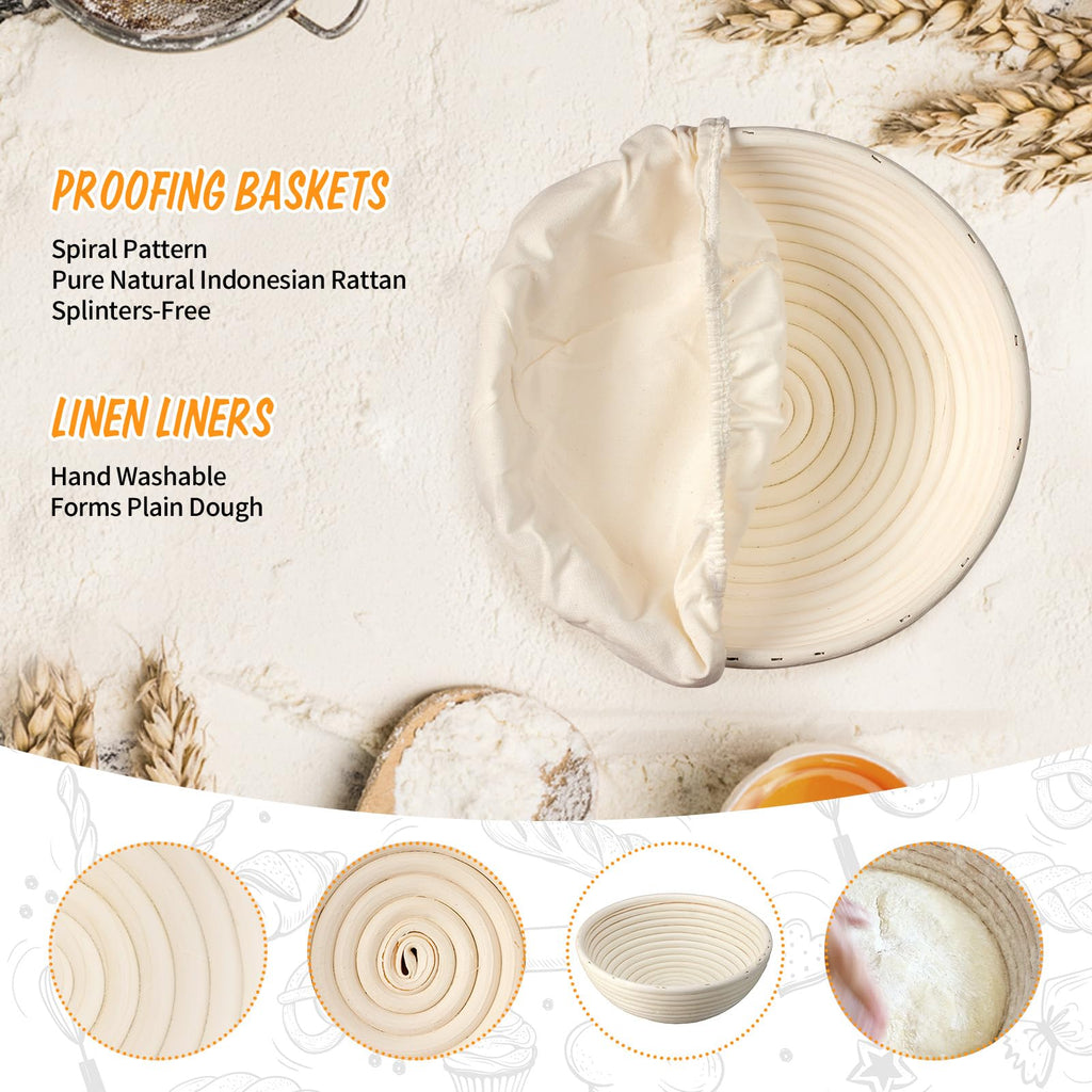 Ineyger Proofing Basket - 9 inch Banneton Bread Proofing Baskets Set of 2 Banneton Basket Sourdough Proofing Bowls with Liners for Professional & Home Artisan Sourdough Bread Baking Supplies