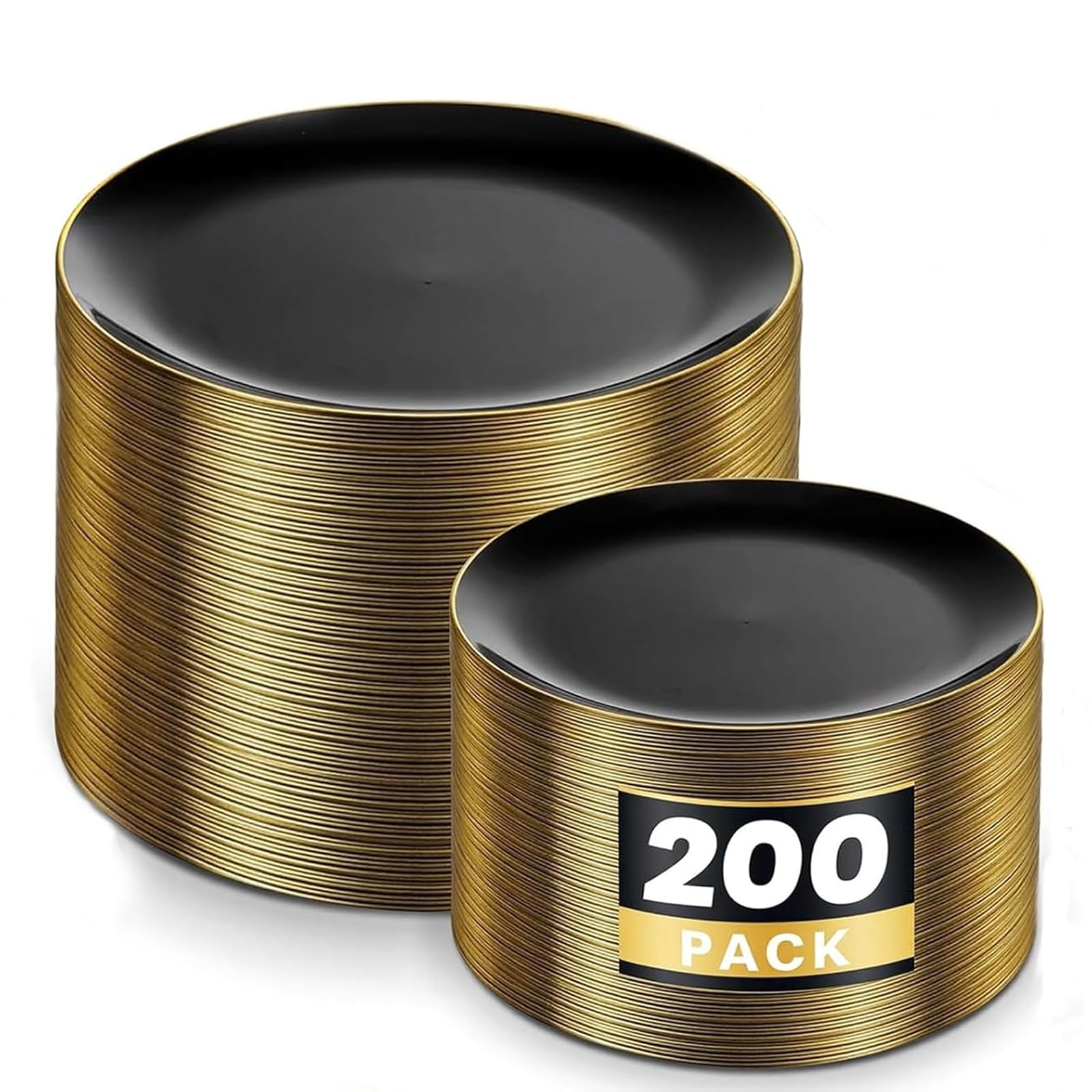 KIRE 200Pcs Black Plastic Plates - Black and Gold Plates Disposable for Party - Include 100 for Dinner and 100 for Dessert for Birthday/Wedding/Halloween