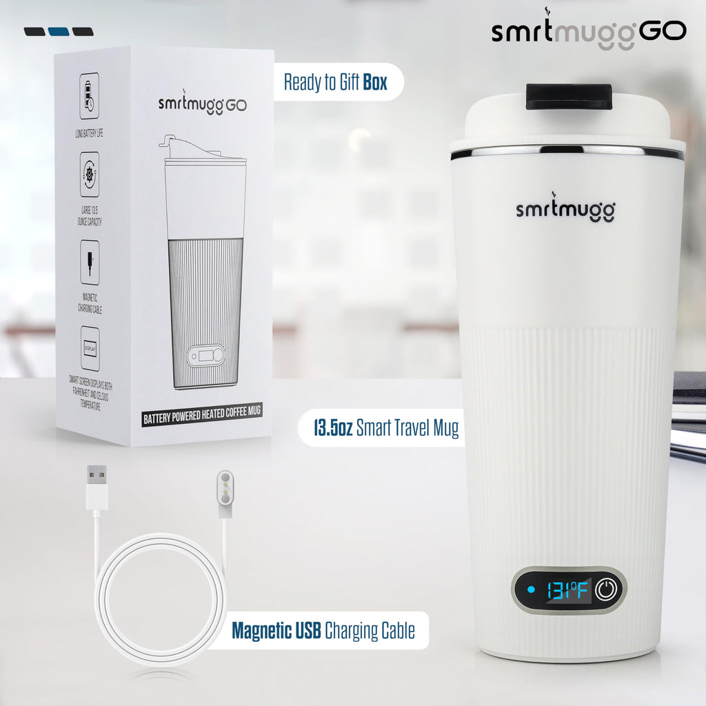 SmrtMugg GO Heated Coffee Mug, Travel Mug, 13.5 OZ. Smart Mug, Battery Powered Heated Coffee Mug, Great for Coffee and Tea, Snap on Magnetic Charging Cord, New and Improved (White)