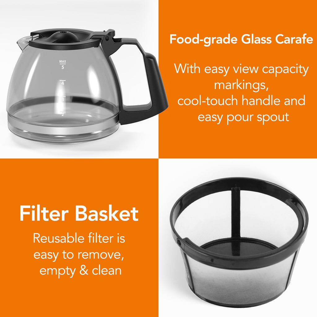 Electactic 5-Cup Programmable Drip Coffee Maker, a compact coffee machine with a digital clock and 24-hour programmable timer, featuring Auto Shut-Off, and a Removable Filter Basket for Home & Office.