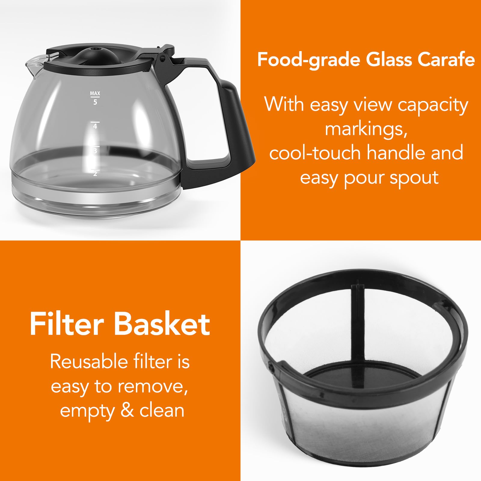 Electactic 5-Cup Programmable Drip Coffee Maker, a compact coffee machine with a digital clock and 24-hour programmable timer, featuring Auto Shut-Off, and a Removable Filter Basket for Home & Office.