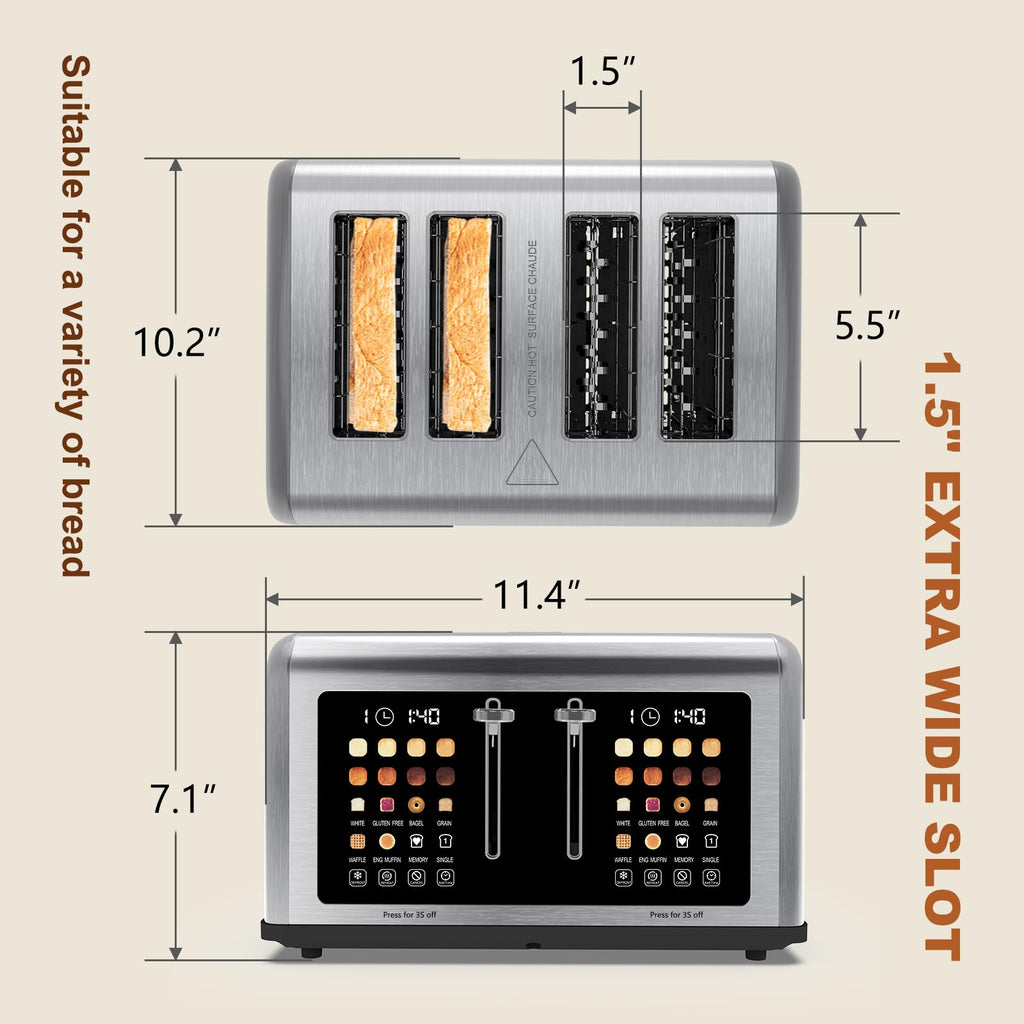 4 Slice Toaster Touch Screen, Stainless Steel Toasters Digital Timer, Dual Control Panel Toasters, 8 Shade Settings 6 Bread Types for Bagel, Cancel, Defrost 1650W Silver