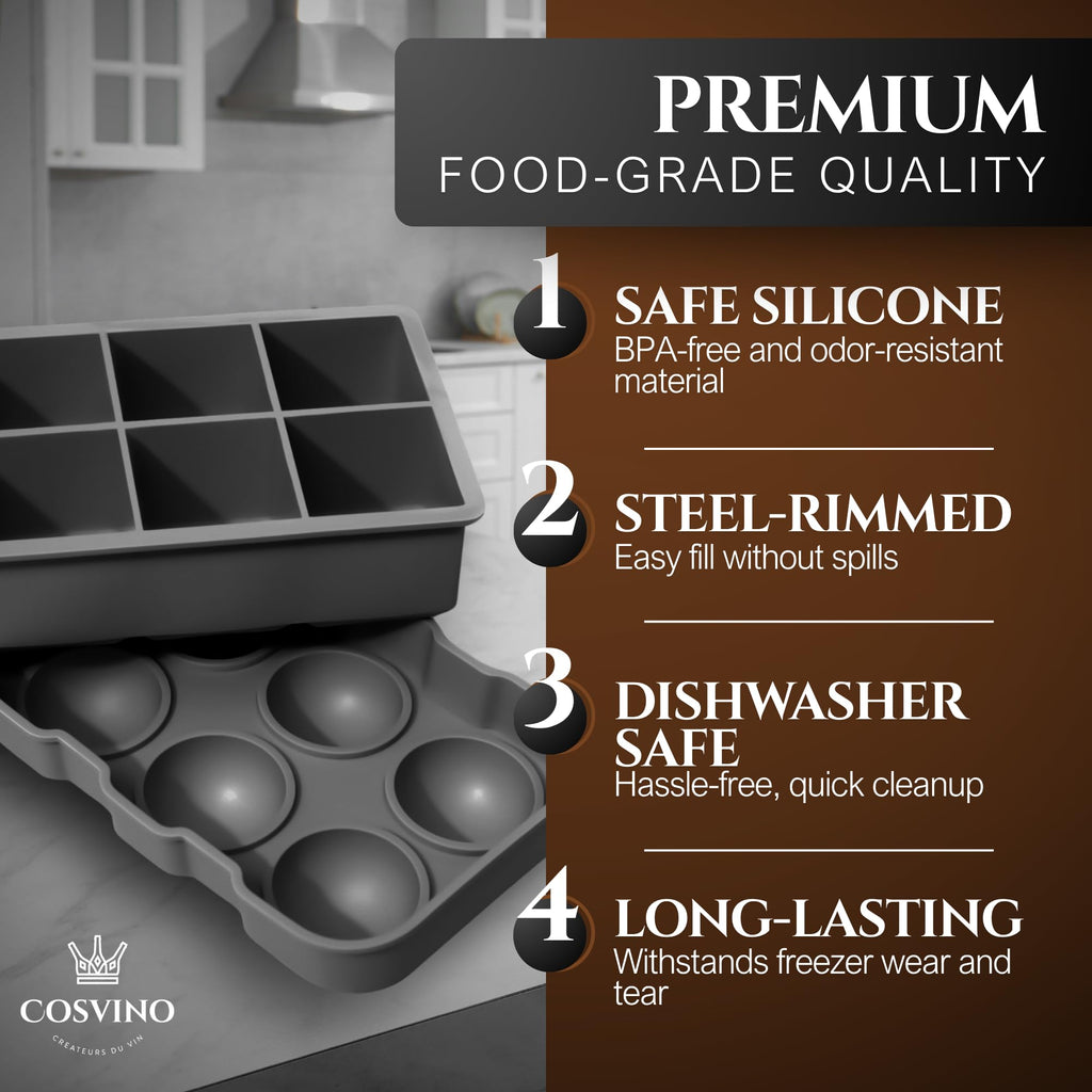 Large Ice Cube Trays Perfect for Whiskey and Summer Drinks - Italian Design - 2 Pack (16 x Ice Cubes | Square and Round | XL size) - Cosvino - Removable Lid, Easy Release (Tuxedo Black)