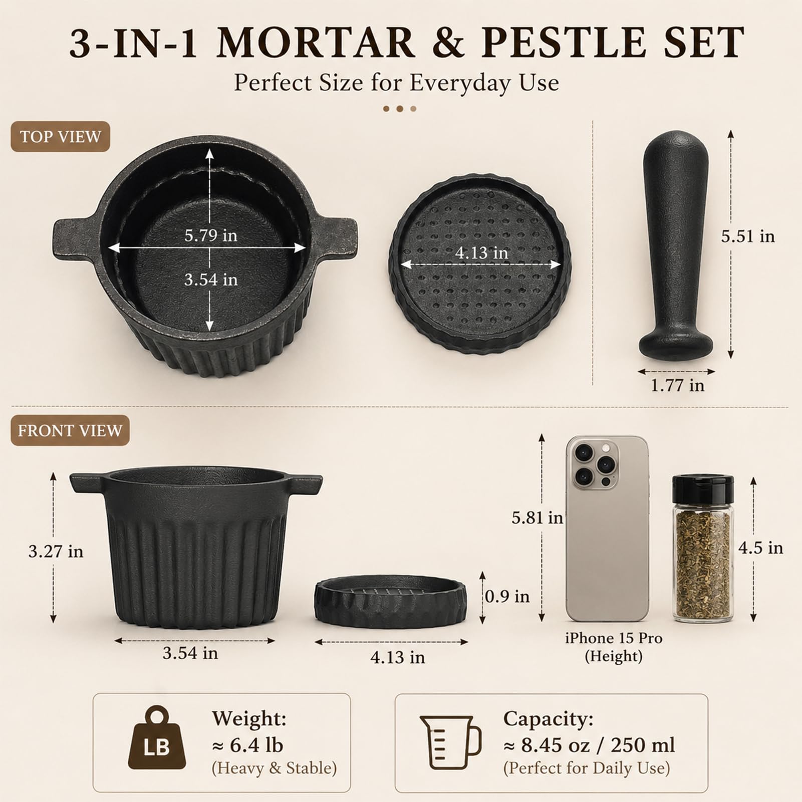 UKEMEN Cast Iron Mortar and Pestle Set, 3-Piece Small Garlic Grater Plate with Brush and Scoop, Heavy Duty Muddler and Bowl Grinder Set Perfect for Guacamole/Spices/Herbs/Solid/Metal/Glass/Rock