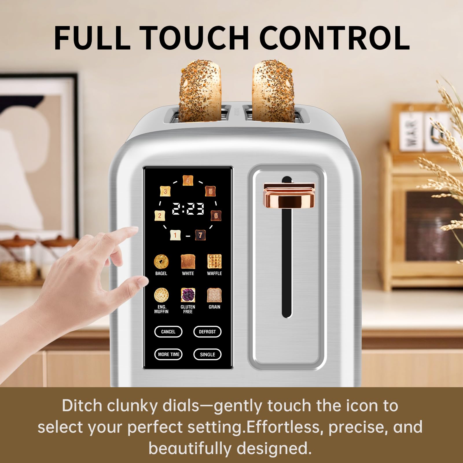 SEEDEEM Toaster 2 Slice, Real Touch Screen with LCD Display, Single-Slice Function, Stainless Steel Toaster, 50% Faster Heating, 1.5" Wide Slots, Removable Crumb Tray, 1350W, Silver Metallic
