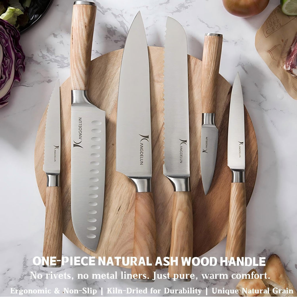 Kangdelun Ultra Sharp 15-Piece Kitchen Knife Set, High Carbon Stainless Steel Blades, Torrefied Natural Wood Handles, Ergonomic Design, Space-Saving Black-Finished Wood Block, Easy Hand Wash, Gift Box
