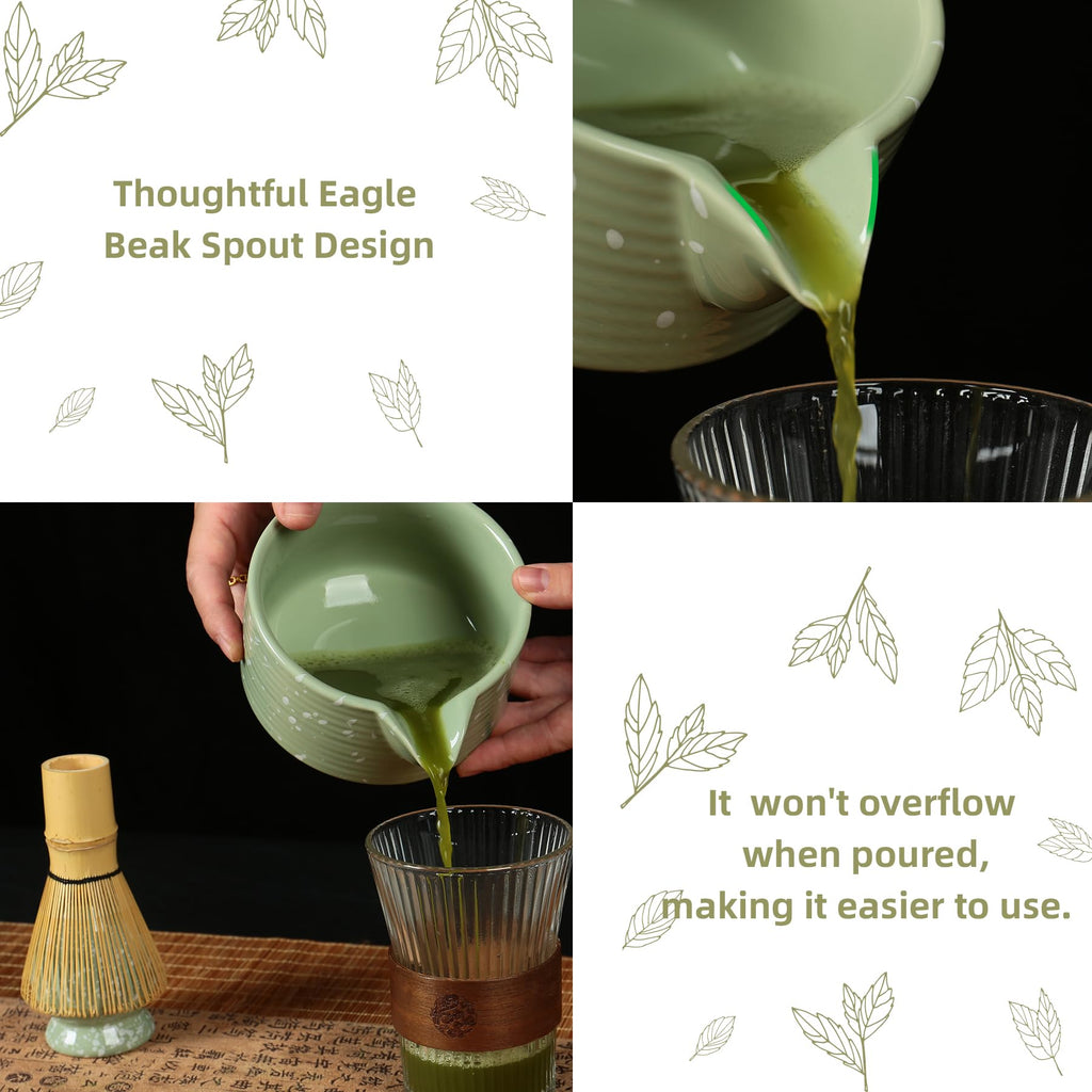 Matcha Whisk Set, Ceramic Matcha Set Includes Matcha Bowl with Spout, Whisk & Holder, Bamboo Scoop, Stainless Sifter, Towel, Matcha Kit Making Tools,Light Green,7 PCS