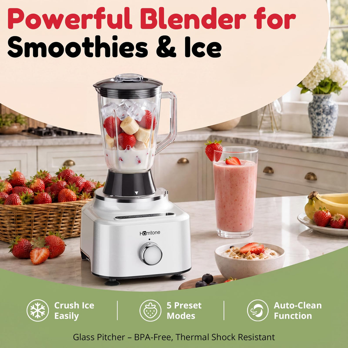 Homtone 16 Cup Food Processor Blender Combo, 11-in-1 Glass Blender for Home