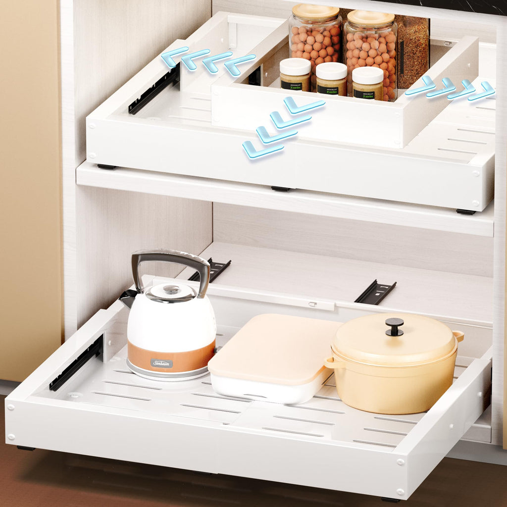 Makfoner 1 Pcs Pull Out Cabinet Organizers, Width (12"-19") and Depth (17"-23") Expandable With 3 Slides, No Drill Slide out Drawers Adhesive Film or Nail Cabinets Without Lip in Kitchen, Bathroom