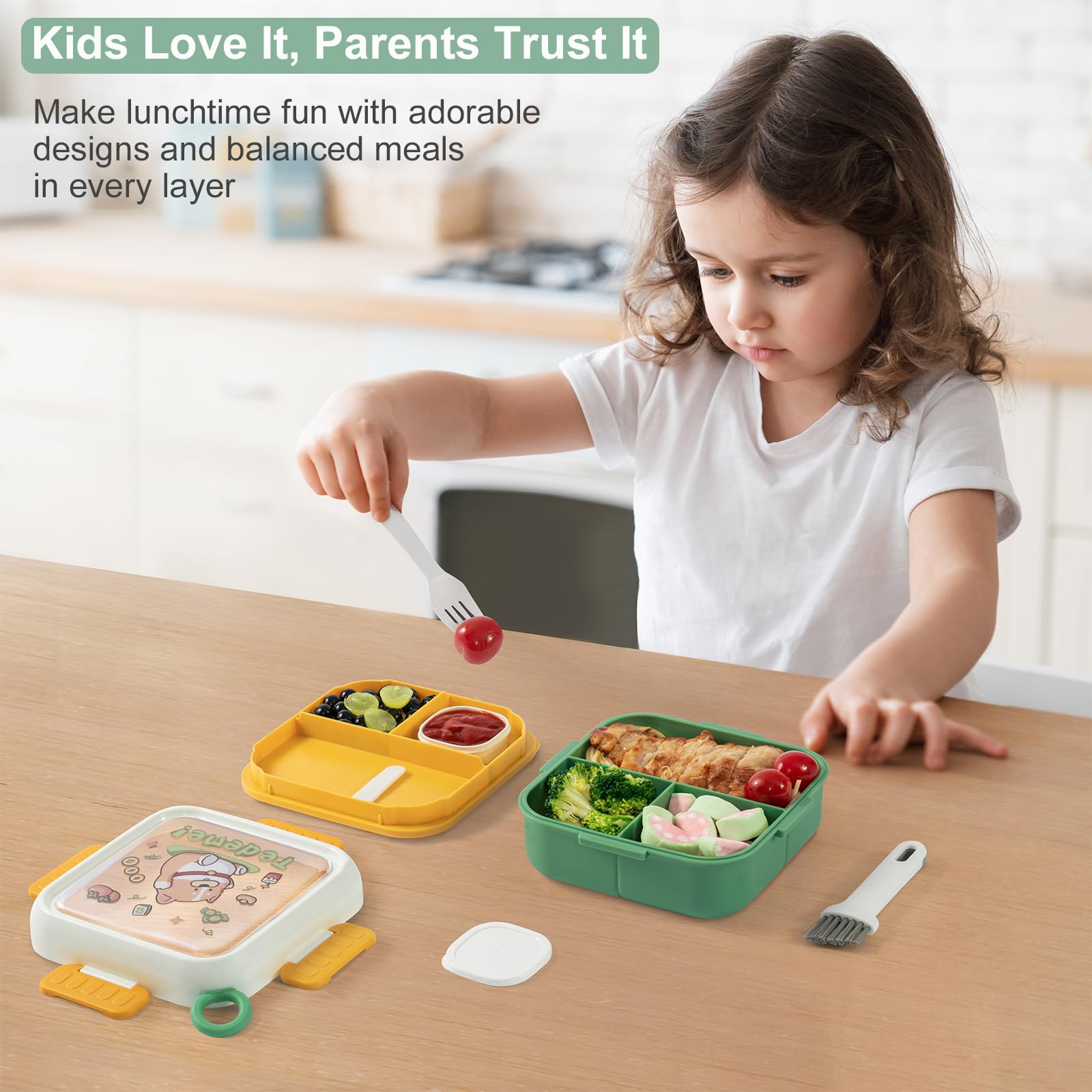 SAYAPE Bento Box for Kids & Adults – Cute Cartoon 2-Layer Lunch Box with Fork, Sauce Cup & Brush, BPA-Free, 3-Compartment Square Snack Container with Handle for School, Office, or Travel (Green)