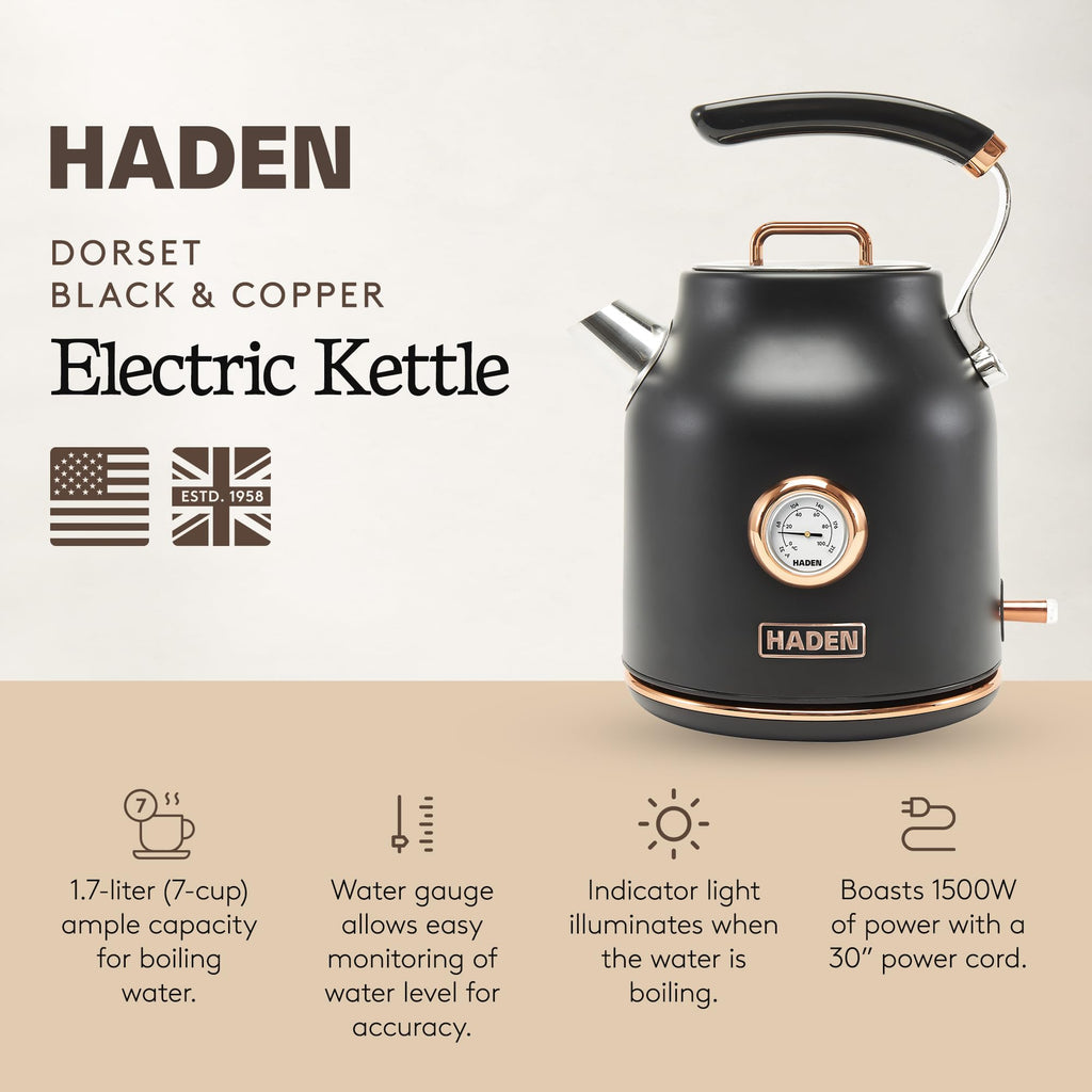 Haden Dorset 1.7 Liter Stainless Steel Electric Kettle, Hot Water Kettle with 360-Degree Base and Auto Shutoff, Black & Copper