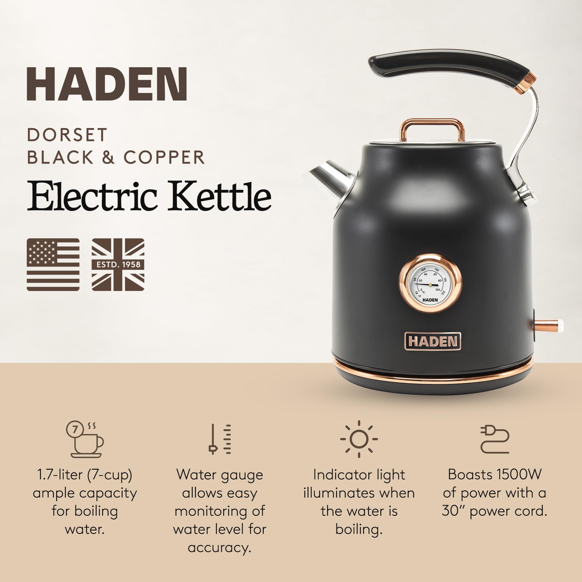 Haden Dorset 1.7 Liter Stainless Steel Electric Kettle, Hot Water Kettle with 360-Degree Base and Auto Shutoff, Black & Copper