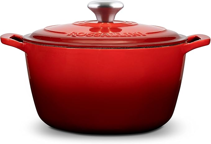 Signature Enameled Cast Iron Dutch Oven, Non-Stick Serving Pot with Tight Fitting Lid for Perfect Roasting, Baking, Sauteing, and Bread Making | 3.5Q (3.3L) - Red