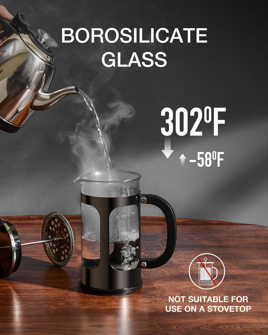 BAYKA French Press Coffee Maker, Easy to use,Large 304 Stainless Steel Coffee Press, Cold Brew Heat Resistant Thickened Borosilicate Coffee Pot for Camping Travel Gifts, 34 Ounce, Dark Pewter