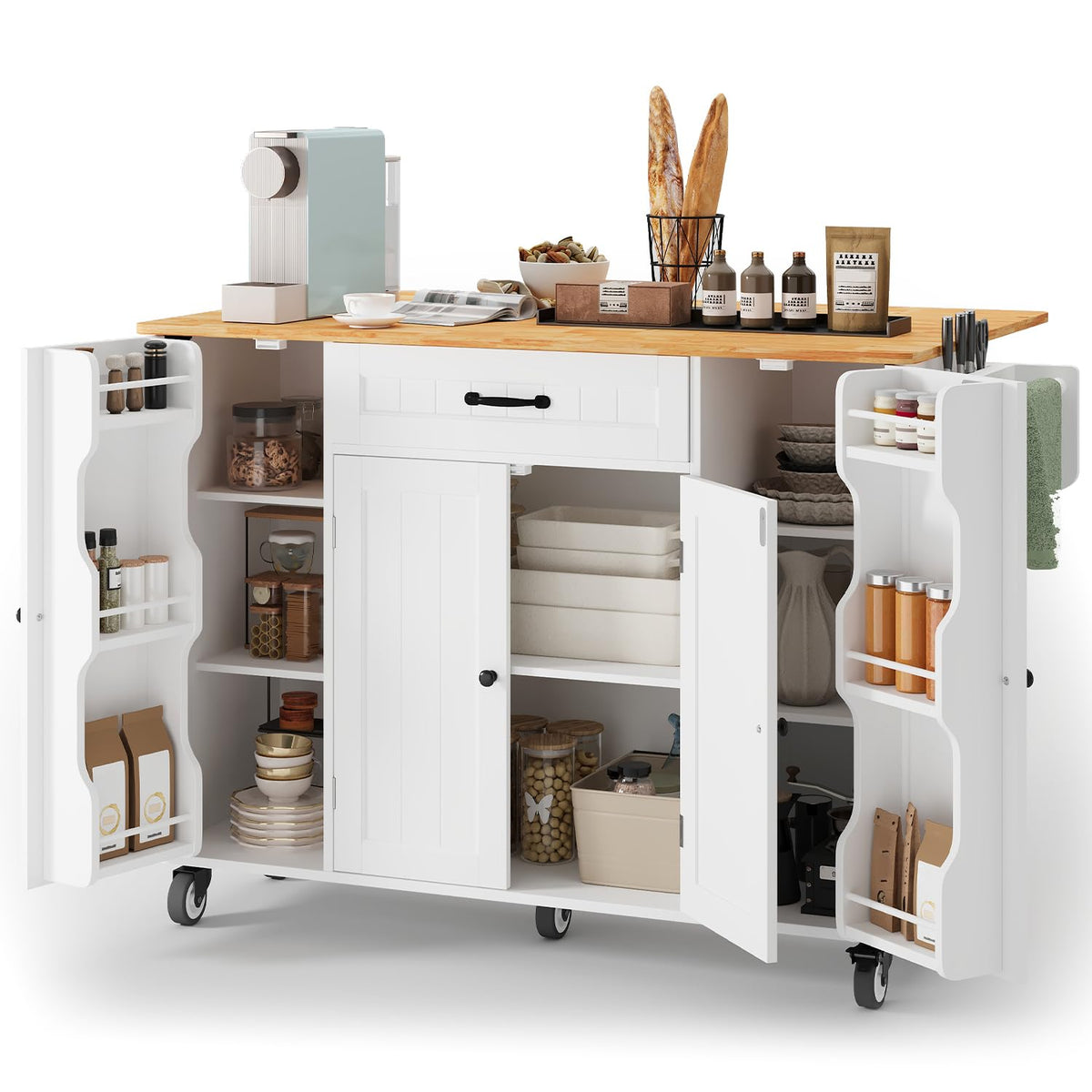 Ahomly 47.6" Kitchen Island with Storage, Drop Leaf, Knife Holder, White