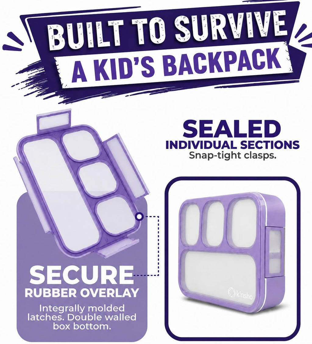 kinsho Bento Lunch Box, Ice Pack Insulated Bag & Utensils for Kids, Purple