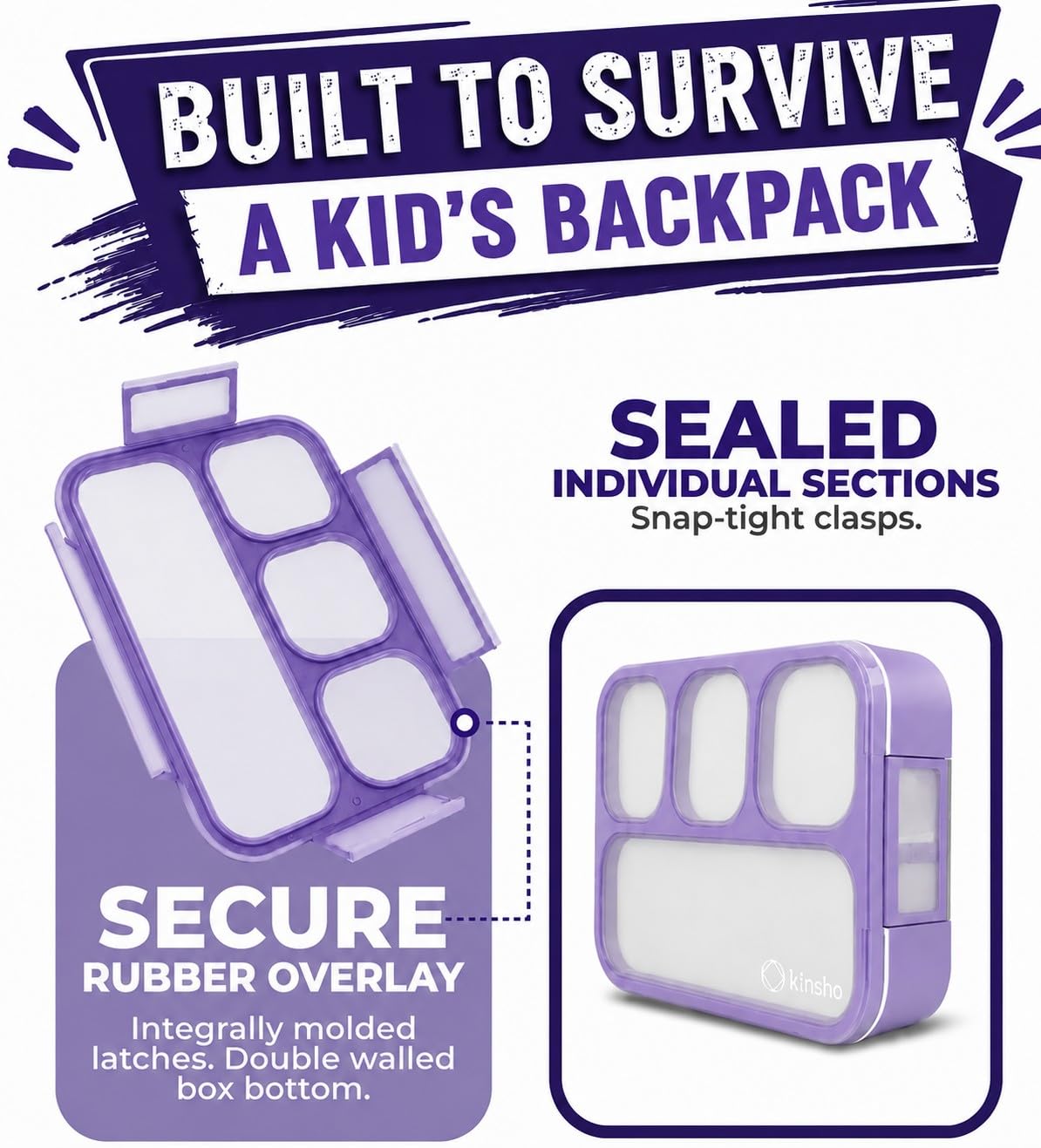 kinsho Bento Lunch Box, Ice Pack Insulated Bag & Utensils for Kids, Purple
