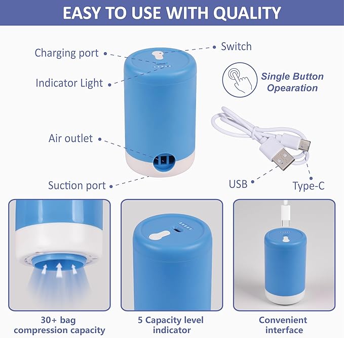 Cozy Essential 15 Pack Travel Vacuum Storage Bags with Portable Electric Pump, Suitase Vacuum Seal Space Saver Bags for Clothing and Luggage Compression