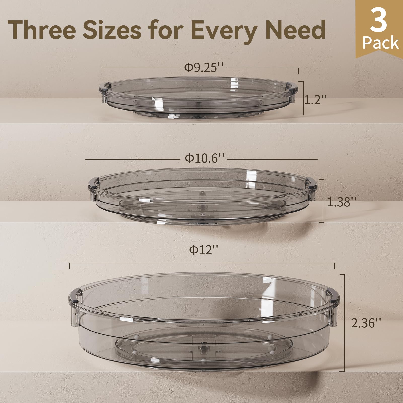 LAMU 3 Pack Lazy Susan Organizer Turntable for Cabinet, Condiment Organizer for Kitchen Pantry Organizers and Storage, Table Top, Fridge, Countertop, Spice Organization, 12'' 10.6'' 9.25'', Grey
