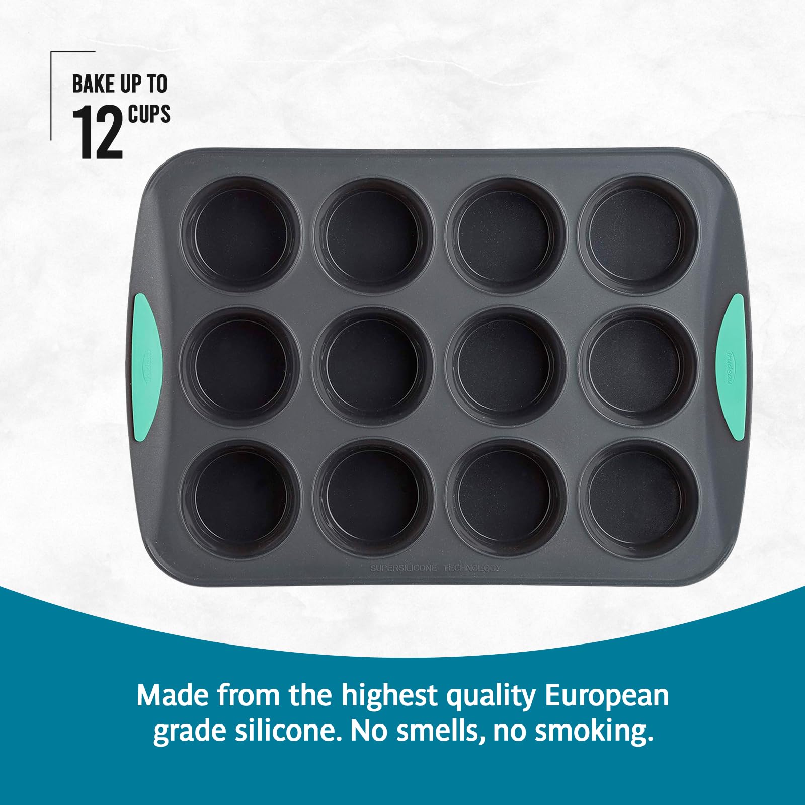 Trudeau Structure Silicone Muffin Pan – 12 Cup, Flexible Silicone with Hard Lining to Hold Shape, Non-Stick, BPA-Free, Dishwasher Safe, Heat Resistant to 428°F – Grey/Mint