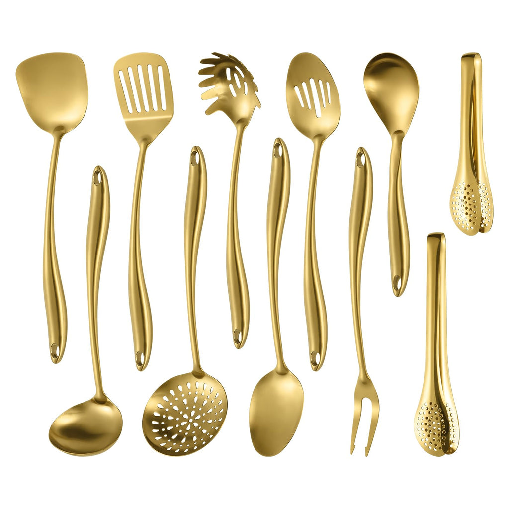 304 Stainless Steel Matte Kitchen Utensils Set, 11 Pcs Long Metal Cooking Utensils Set, Gold Cooking Utensils Set, Dishwasher Safe