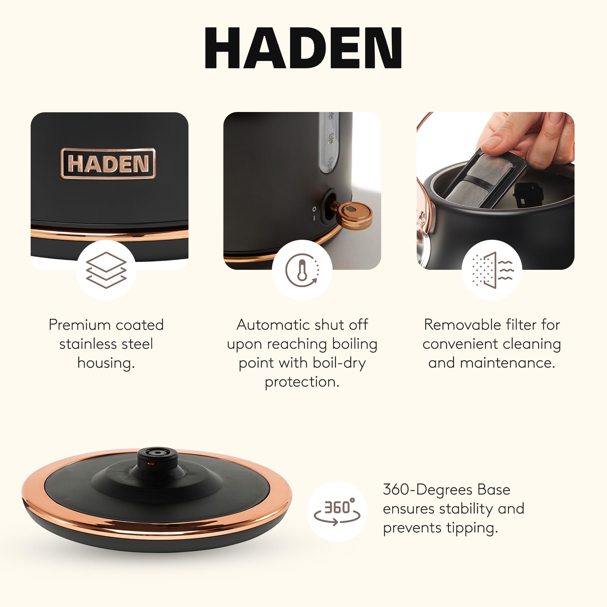 Haden Heritage 1.7 Liter Stainless Steel Electric Kettle, Hot Water Tea Kettle with 360-Degree Base and Auto Shutoff, Black & Copper