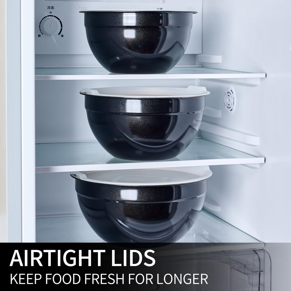 LKTDYMEG Black Mixing Bowls with Lids Set of 7, Stainless Steel Nesting Bowl with Khaki Lid for Non-slip Mixing Prepping Storing Serving, 7 Sizes-7/3.6/2.7/2.1/1.5/1/0.8 QT