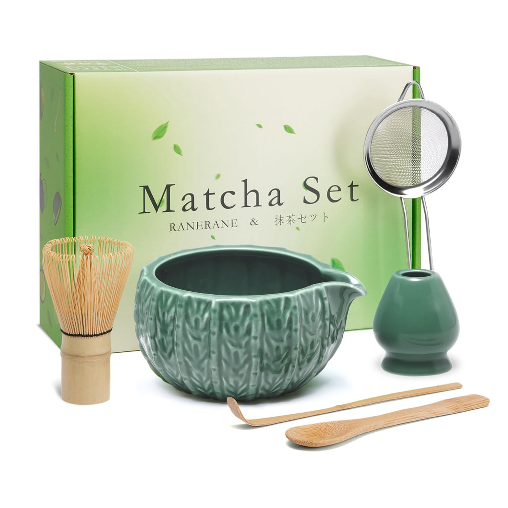 RANERANE 6-Piece Matcha Set, Matcha Whisk (Chasen) & Holder, Matcha Bowl with Spout, Sifter & Spoon, Bamboo & Ceramic, Dark Green