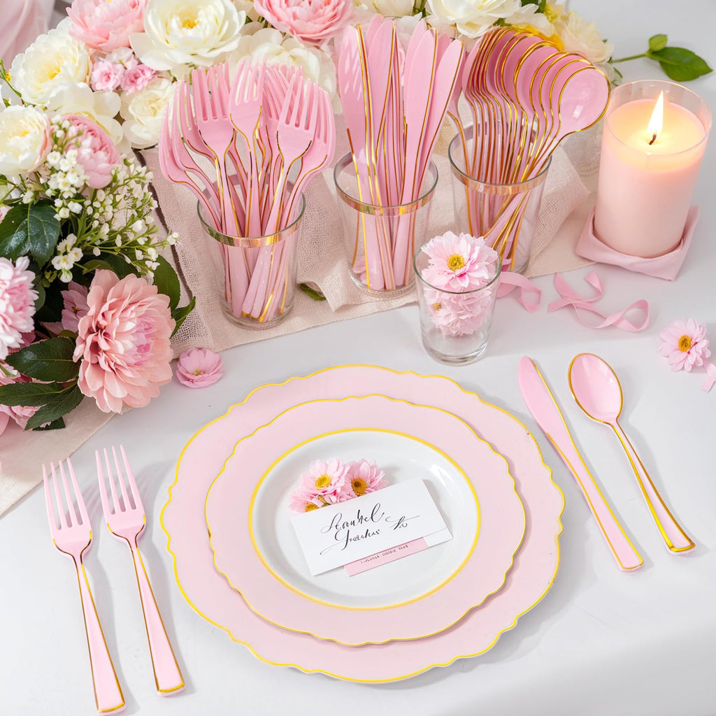 WDF 180 Pieces Pink Plastic Silverware with Gold -Pink Plastic Utensils Set - 60 Guest Cutlery Disposable for Birthday Party Baby Shower Wedding Spring