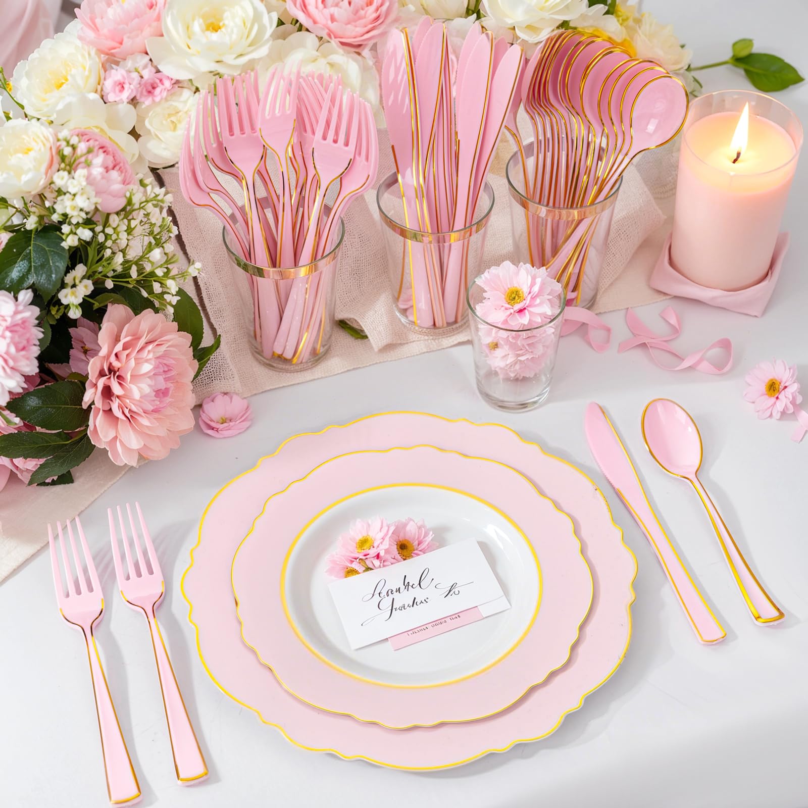 WDF 180 Pieces Pink Plastic Silverware with Gold -Pink Plastic Utensils Set - 60 Guest Cutlery Disposable for Birthday Party Baby Shower Wedding Spring