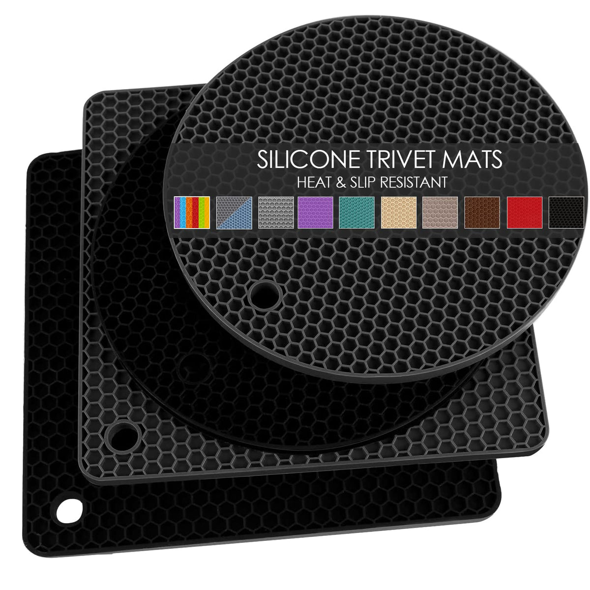 Silicone Trivets for Hot Pots and Pans, 3 Pack Heat Resistant Pot Holders for kitchen Large Silicone Trivet Mat for Hot Dishes, Black Hot Pads for Kitchen Counter, Hot Mats Spoon Rest, 9 * 12 Inches
