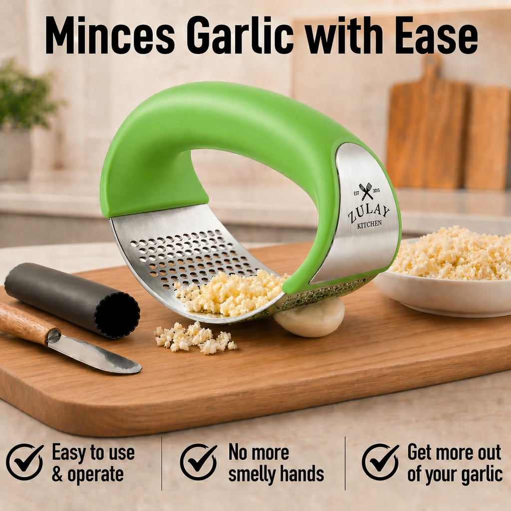 Zulay Kitchen Stainless Steel Garlic Press Rocker Set - Premium Garlic Mincer Garlic Crusher - New Innovative Garlic Crusher with Peeler and Scraper - Comfortable Grip (Green)