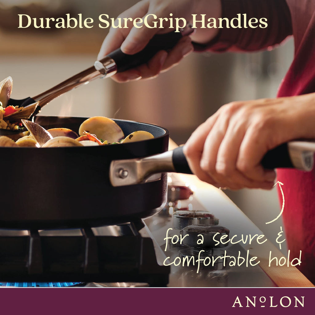 Anolon Advanced Home Hard-Anodized Nonstick Saucepan with Straining Lid, 2-Quart Small Pot, Onyx