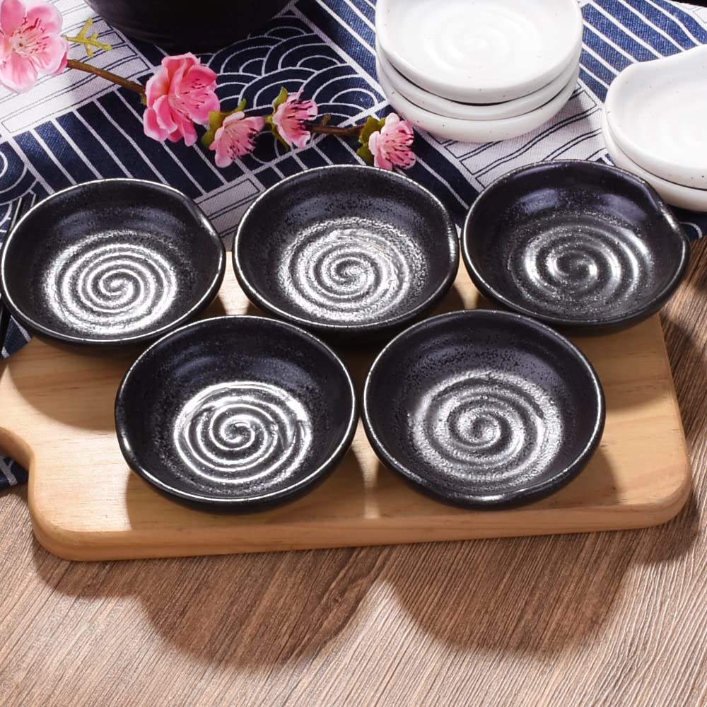 Swlthwen 3.1 Inch Porcelain Side Dish Bowl Seasoning Dishes Soy Sauce Dishes Dipping Sauce Bowls-Set of 5,Soy Sauce Dish with Mouth (Black)