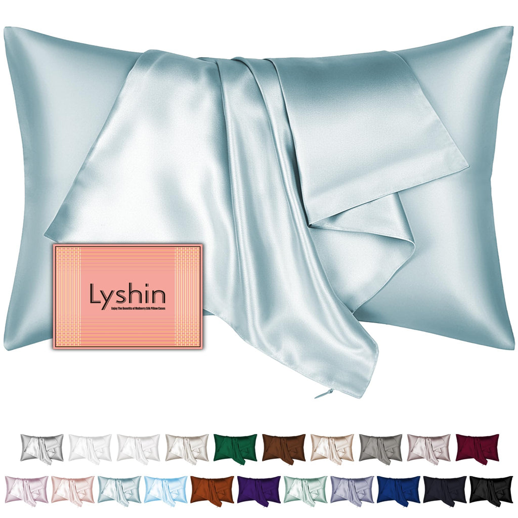 LYSHIN Silk Pillow Cases King Size with Hidden Zipper, Haze Blue