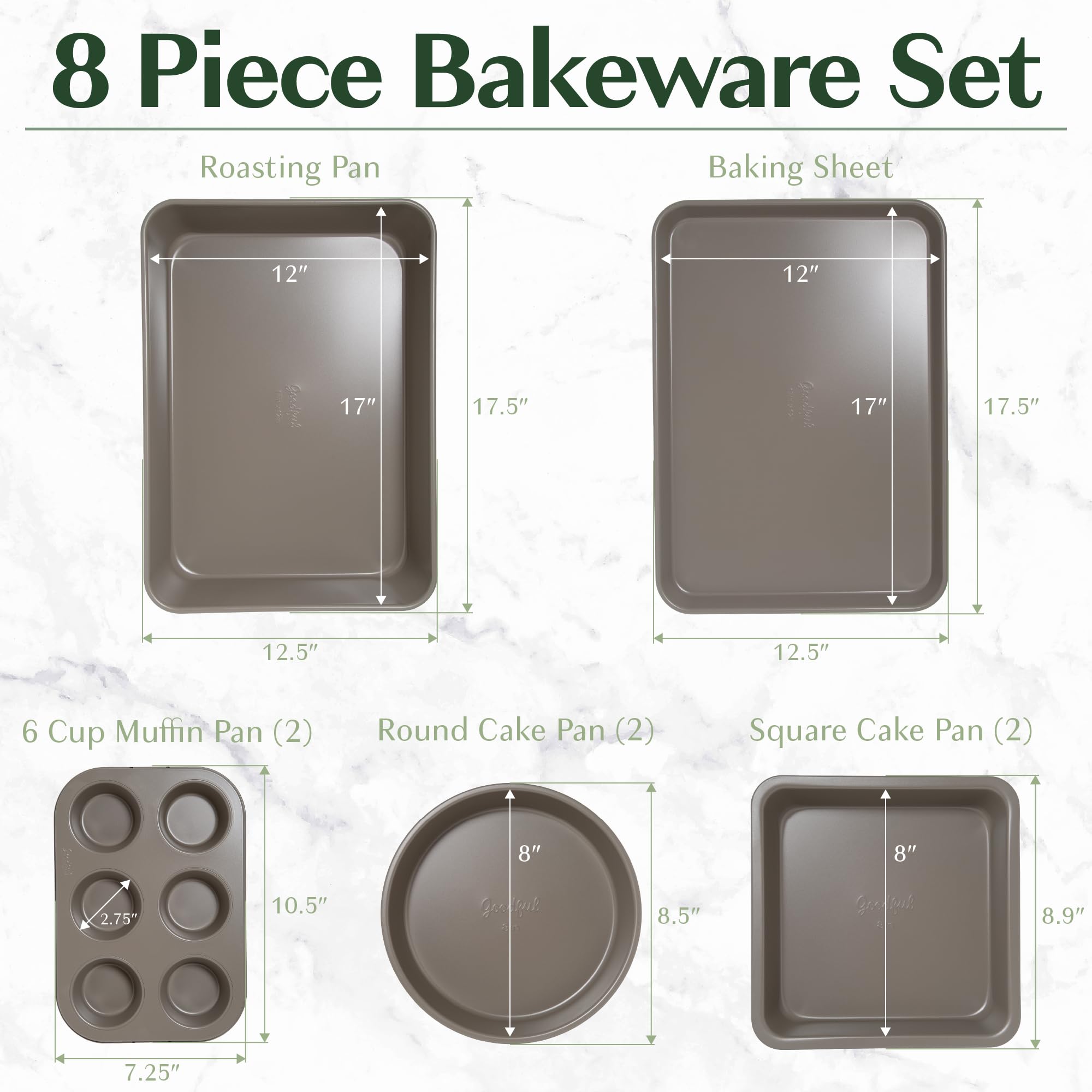 Goodful All-In-One Nonstick Bakeware Set, Stackable and Space Saving Design includes Round and Square Pans, Muffin Pans, Cookie Sheet and Roaster, Dishwasher Safe, 8-Piece, Blue Mist