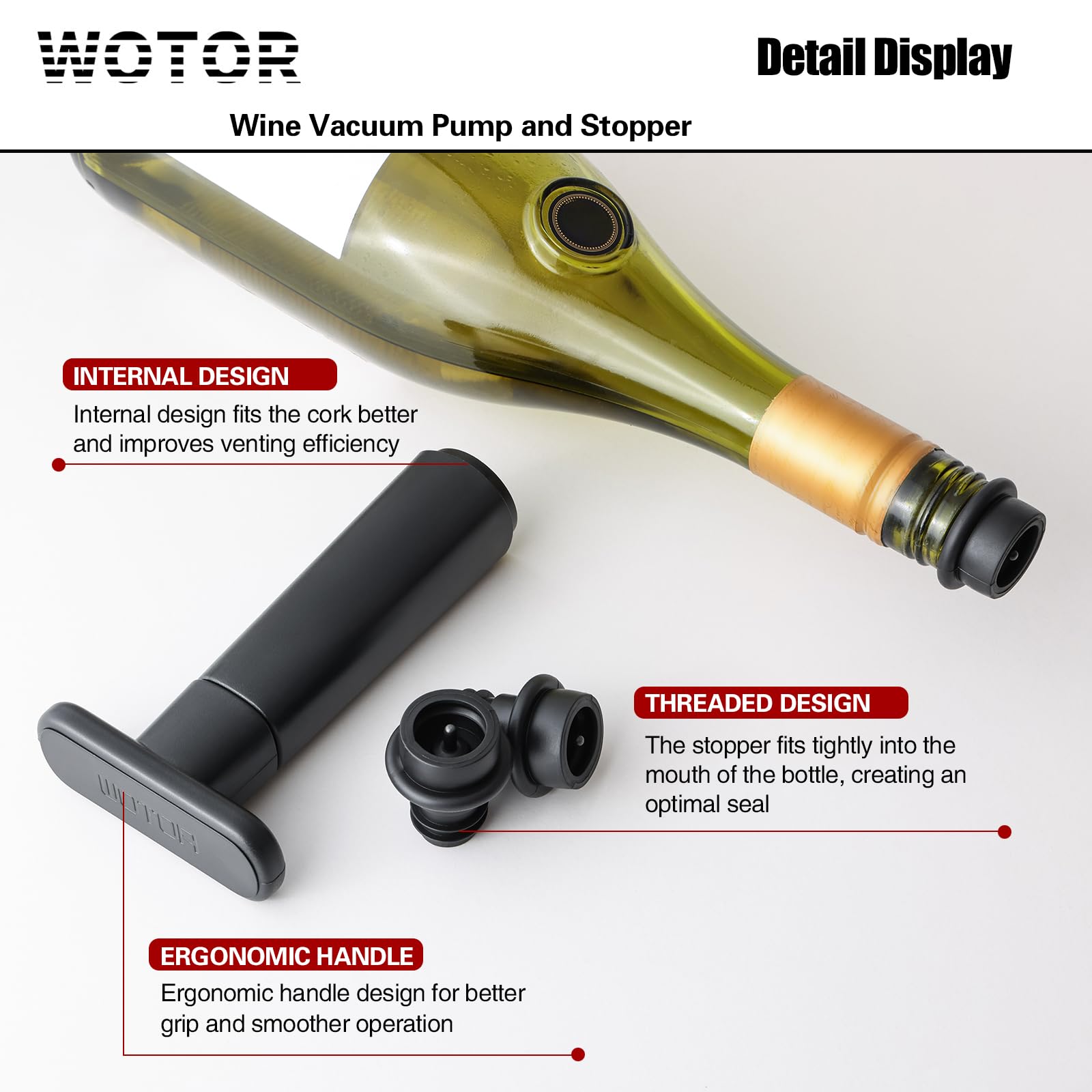 WOTOR Wine Saver Vacuum Pump with 8 Stoppers, Wine Stopper & Preserver, Reusable Bottle Sealer Keeps Fresh, Ideal Accessories Gift (Flat Handle)