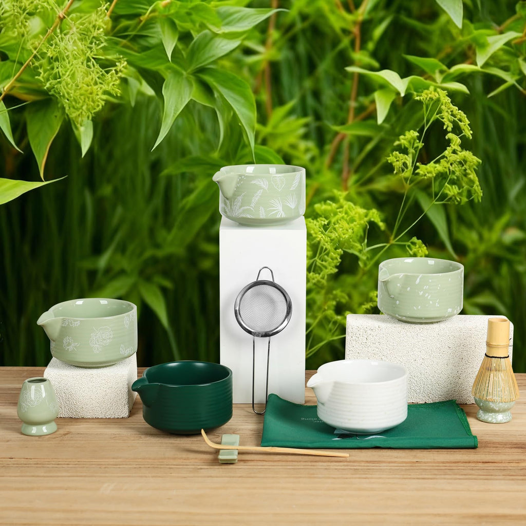 Matcha Whisk Set, Ceramic Matcha Set Includes Matcha Bowl with Spout, Whisk & Holder, Bamboo Scoop, Stainless Sifter, Towel, Matcha Kit Making Tools,Light Green,7 PCS