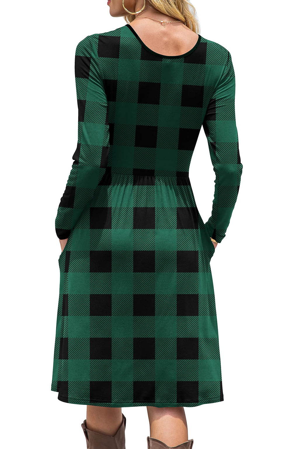 DB MOON Women Casual Long Sleeve Dresses Empire Waist Knee Length Loose Dress with Pockets (Green Plaid, XL)